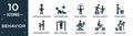 filled behavior icon set. contain flat stick man graduated, man sunbathing, rope jumping, helping a man to climb, prune hedge,