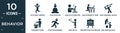 filled behavior icon set. contain flat stick man jumping, yoga position, man with computer screen, man working at desk, throwing