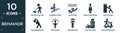 filled behavior icon set. contain flat walking the dog, climbing stairs, man diving, man at restroom, man pushing, warming up,