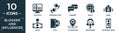 filled blogger and influencer icon set. contain flat statistics, communication, comment, world, home, selfie, vinyl, placeholder,