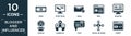 filled blogger and influencer icon set. contain flat video, sport shoe, email, web, monitor, profile, gameplay, post, social