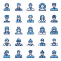 Filled blue outline icons for professions.