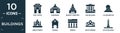 filled buildings icon set. contain flat post office, gurdwara, buddist cemetery, uno building, fuji mountain, hindu temple, pagoda