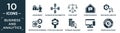 filled business and analytics icon set. contain flat achievement, database interconnected, flow chart, correspondence, sine waves