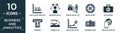 filled business and analytics icon set. contain flat bars chart analysis, business skills, search analytics, radar chart,