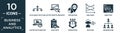 filled business and analytics icon set. contain flat data analytics flow, laptop profits graphics, percentage, line chart,