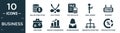 filled business icon set. contain flat dollar coins stack, golf sticks, tax calculate, man looking, business, coin purse, graphic