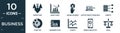 filled business icon set. contain flat dress code, wave chart, online payment, laptop profits graphics, variety, chart pie,