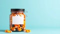 Filled Candy Corn Jar with Blank White Label on a Light Blue Background Royalty Free Stock Photo