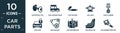 filled car parts icon set. contain flat car petrol cap, car luggage rack, car tailpipe, jack, cylinder, lock, fan belt, Royalty Free Stock Photo