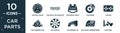 filled car parts icon set. contain flat car fuel gauge, car grille or radiator grille, car parcel shelf, brake, fan, carburettor,