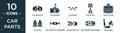 filled car parts icon set. contain flat car indicator, car gearbox, car crank, piston, oil filter, cowl, catalytic converter, seat