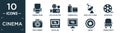 filled cinema icon set. contain flat cinema chair, old projector, camera roll, satellite tv dish, movie roll, dslr camera, 4k