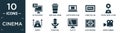 filled cinema icon set. contain flat 3d television, take away drink, laptop with film strip, 1080p full hd, trophy with a star,