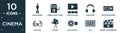 filled cinema icon set. contain flat movie award, cinema hurdy gurdy, movie theatre, headphone, cartoon network, 3d glass, author