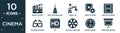 filled cinema icon set. contain flat movie clapper, mole antonelliana in turin, jimmy jib, video settings, image fotogram, 3d