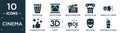 filled cinema icon set. contain flat popcorn bag, theatre screen, movie clapper open, theatre pillar, cinema light source, thumb