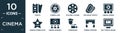 filled cinema icon set. contain flat tickets, camera lens, film reel playing, two movie tickets, cinema screen, famous cinema star