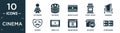 filled cinema icon set. contain flat vip person, zoetrope, movie player, ticket office, premiere, tragedy, video clip, online