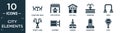 filled city elements icon set. contain flat chair and table, fire station, city hall, fountain, arch, street lamp, lightbox,