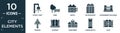 filled city elements icon set. contain flat street light, park, motel, skyscrapper, government buildings, parking, gateway, Royalty Free Stock Photo