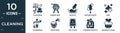 filled cleaning icon set. contain flat clean room, garden hose, delicate, feather duster, neat, charwoman, water soak, wet floor,