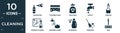 filled cleaning icon set. contain flat deodorizer, scouring pads, trash bag, faucet, vinegar, window cleaner, washing hands,