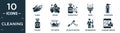 filled cleaning icon set. contain flat hands, wiping, hygroscopic, wiper, suspension, solvent, hot water, states of matter,
