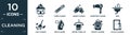 filled cleaning icon set. contain flat house, comb cleanin, hands cleanin, hairdryer cleanin, sink, leaf iron wiping towel on a Royalty Free Stock Photo