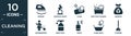 filled cleaning icon set. contain flat ironing, oxidizing agent, clean, bathtub cleaning, garbage, housekeeping, hand soap, spray