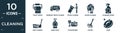 filled cleaning icon set. contain flat toilet paper, garbage truck cleanin, trash cleanin, house cleanin, cleaning spray, mop hand