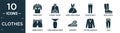 filled clothes icon set. contain flat denim shirt, hooded jacket, jersey wrap dress, chinos pants, wool boots, denim shorts, long