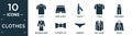 filled clothes icon set. contain flat fleece, swim shorts, cravat, t shirt, dungarees, dressing gown, butterfly tie, knickers,