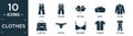 filled clothes icon set. contain flat jeans, trouser, mittens, beret, tuxedo, hand bag, panties, brassiere, chemise, pyjamas icons