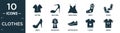 filled clothes icon set. contain flat kaftan, high heel, nightwear, sock, socks, heels, housecoat, soccer shoe, t shirt, jersey