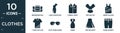 filled clothes icon set. contain flat messenger bag, long sleeveless dress, formal shirt, peplum top, jersey blazer, t shirt with