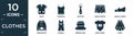 filled clothes icon set. contain flat shirt, camisole, necktie, swim shorts, danica shoes, sweatshirt, overall, bowler hat, baby