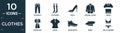 filled clothes icon set. contain flat tracksuit, stockings, heels, jogging jacket, jersey, housecoat, kurta, brisk boots, beret,