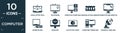 filled computer icon set. contain flat open laptop with shining screen, televisions, computer tower and monitor, random access