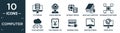 filled computer icon set. contain flat pc storage, round webcam, internet server, book and computer mouse, information network,