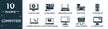 filled computer icon set. contain flat computer video, action camera, widescreen laptop, boss office, tv controller, notebook and