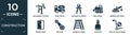 filled construction icon set. contain flat adjusment system, tank truck, inclined clippers, bulldozer, derrick with ball, doors