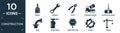 filled construction icon set. contain flat brush, wrench, plier, concrete mixer, hook with cargo, pipe, blowtorch, construction,