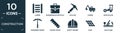 filled construction icon set. contain flat ladder, businessman portfolio, pick axe, loader, road roller, gardening digger, school