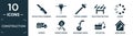filled construction icon set. contain flat retractable trimming knife, jackhammer, sledge hammer, road construction, loader,
