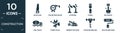 filled construction icon set. contain flat wood saw, five meters ruler, stopping, chisel, big shovel, fuel truck, three tools,