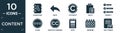 filled content icon set. contain flat phone book, reply, copyright, paste, priority, other, creative commons, note, weekend, text Royalty Free Stock Photo