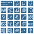 Filled coronavirus icons set. Second wave of coronavirus epidemics. COVID-19 prevention and protection block linear sign