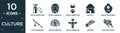 filled culture icon set. contain flat native amertican arrows and quiver, native american mask, female bikini piece, mud hut,