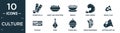 filled culture icon set. contain flat spring rolls, sweet and sour pork, fabada, fried shrimp, brazil flag, bo kaap, kora, sleigh Royalty Free Stock Photo